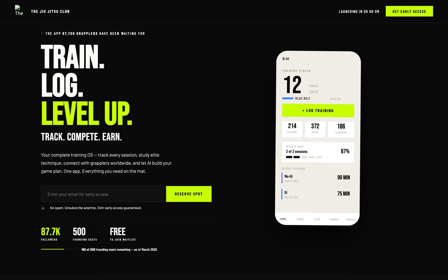 The Jiu Jitsu Club launch page with an early-access signup and a phone showing a training streak